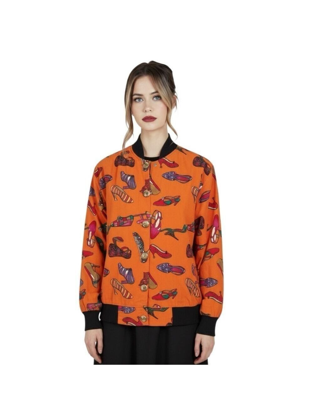 Vintage 1980s Novelty Shoe Print Bomber Jacket Orange Cotton USA Made Size Small